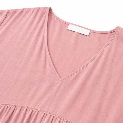 Women's Tiered Maxi Dress – V-Neck, Short Sleeves, Linen Blend
