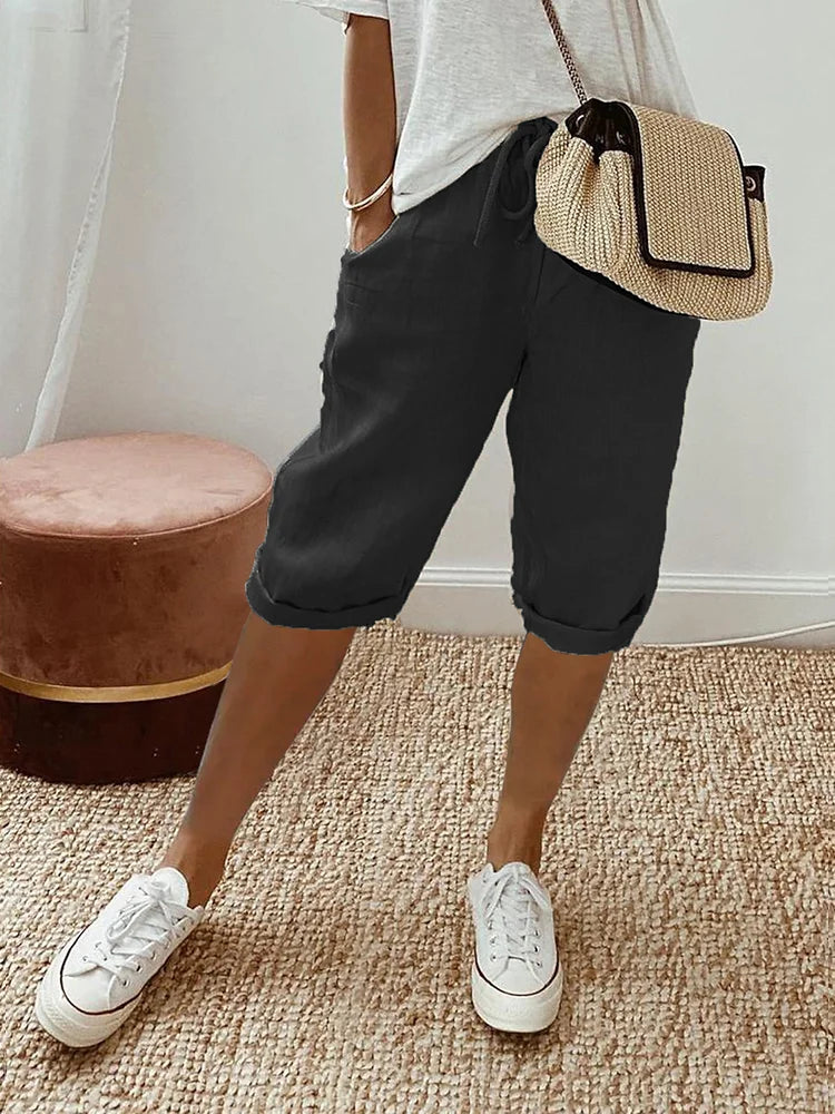Women's Cropped Capri Pants with Drawstring Waist