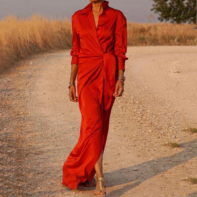Women's Satin Wrap Maxi Dress with Long Sleeves