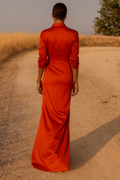 Women's Satin Wrap Maxi Dress with Long Sleeves