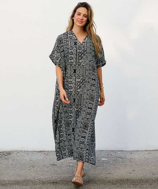 Women's Geometric Print Kaftan Maxi Dress with V Neck