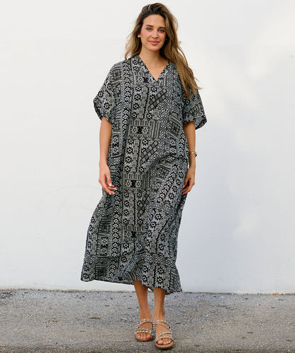Women's Geometric Print Kaftan Maxi Dress with V Neck