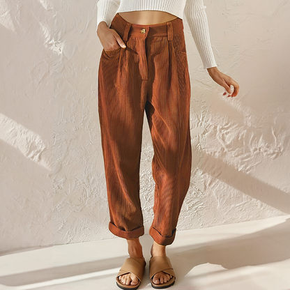 Women's High Waist Corduroy Pants with Front Pleats