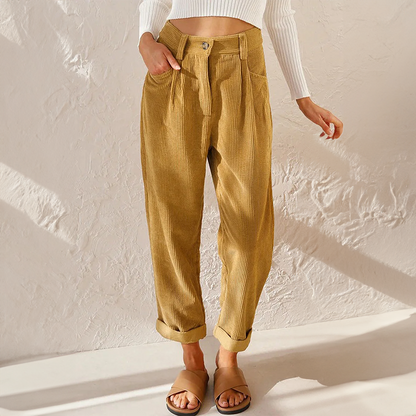 Women's High Waist Corduroy Pants with Front Pleats