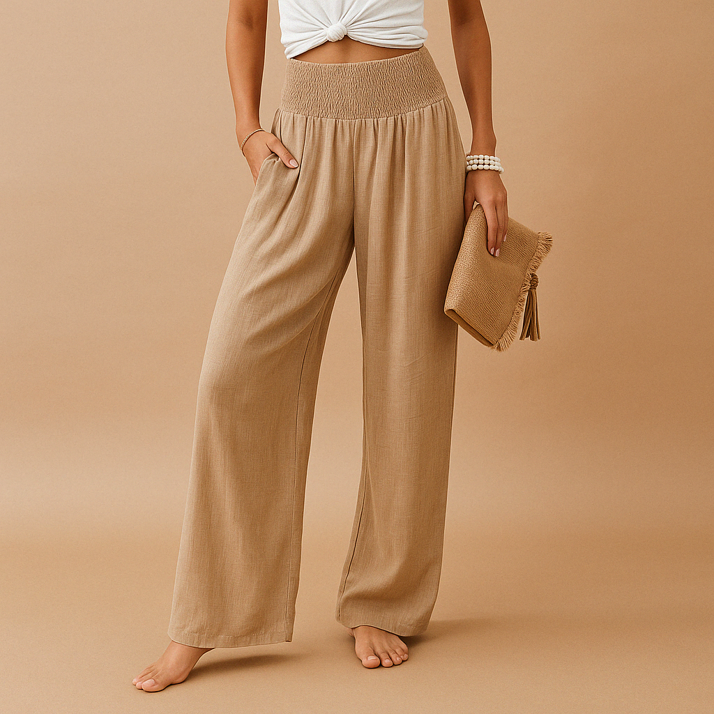 Elegant high-waisted linen trousers for women – Casual elasticated trousers 0