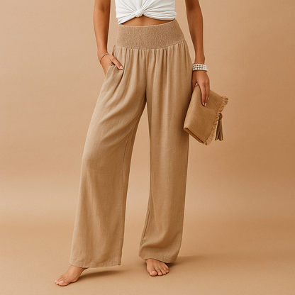Elegant high-waisted linen trousers for women – Casual elasticated trousers 0