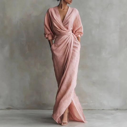 Elowen V Neck Wrap Waist Long Dress 0