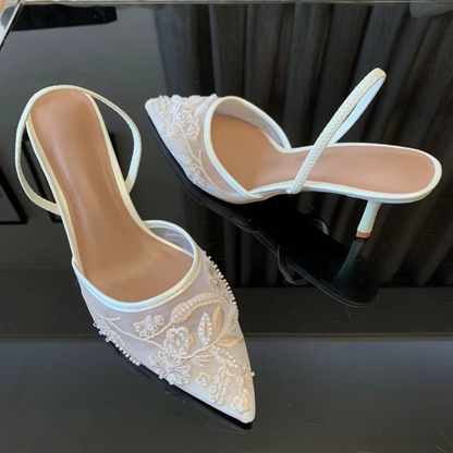 Embroidered Mesh Kitten Heel Slingbacks with Pointed Toe for Women 0