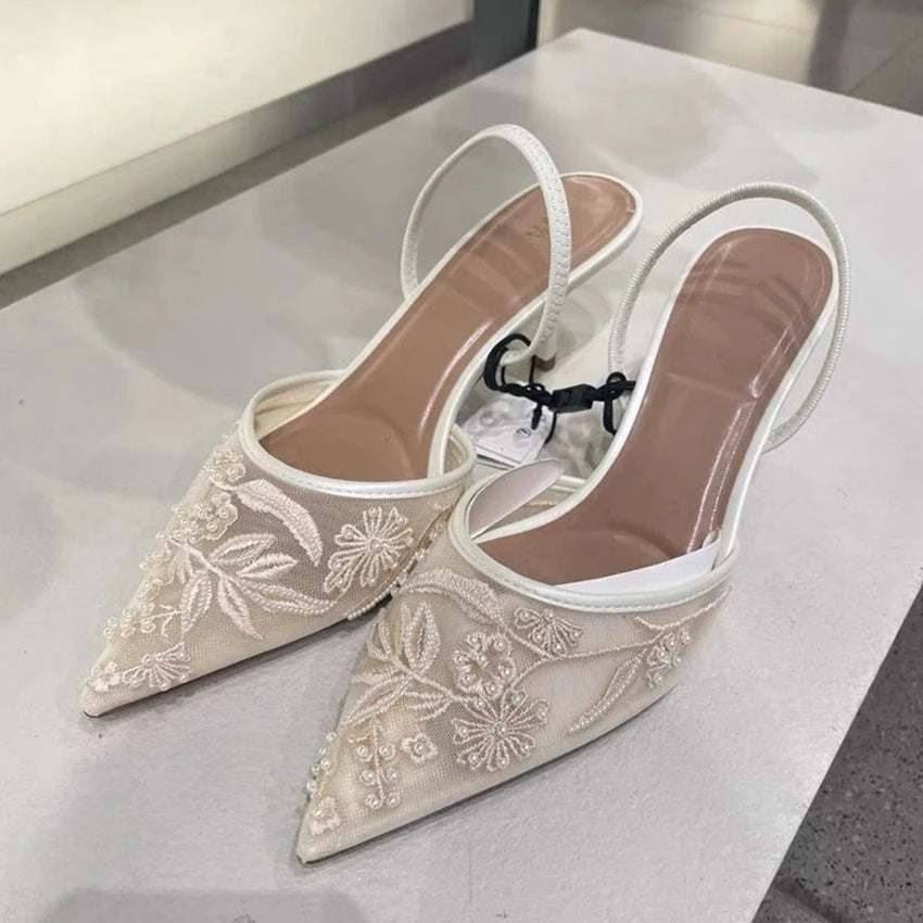 Embroidered Mesh Kitten Heel Slingbacks with Pointed Toe for Women 1