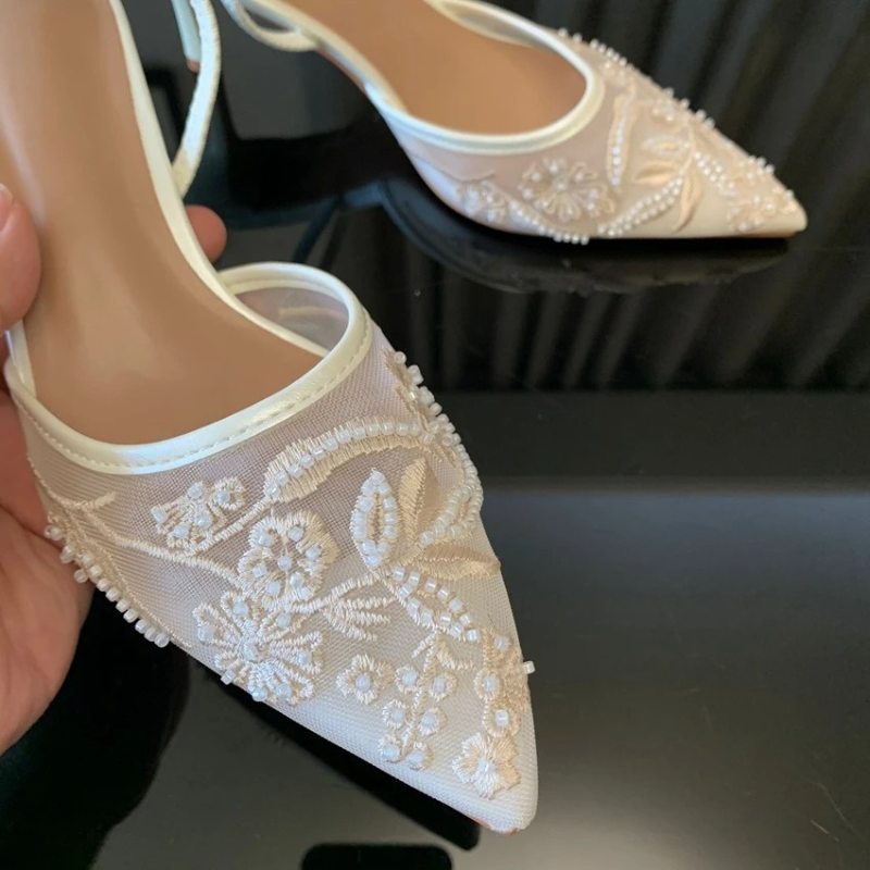 Embroidered Mesh Kitten Heel Slingbacks with Pointed Toe for Women 2