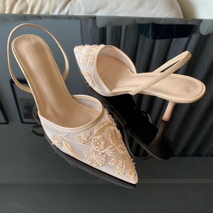 Embroidered Mesh Kitten Heel Slingbacks with Pointed Toe for Women 5