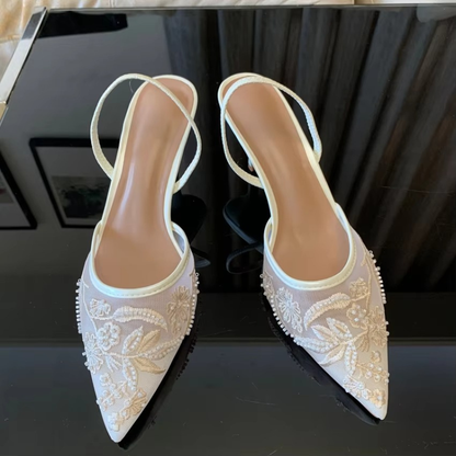 Embroidered Mesh Kitten Heel Slingbacks with Pointed Toe for Women 6