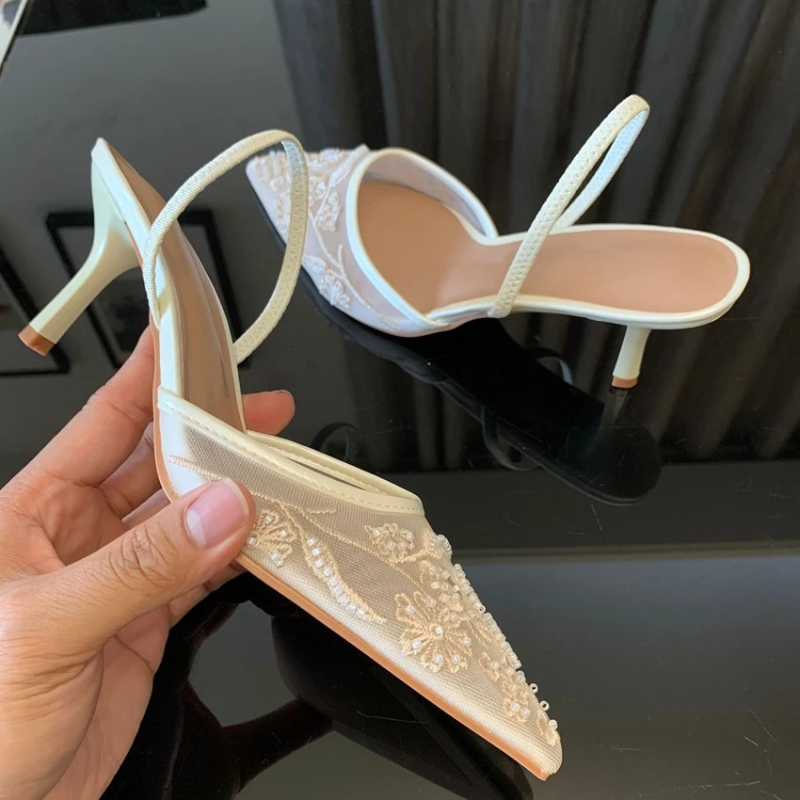 Embroidered Mesh Kitten Heel Slingbacks with Pointed Toe for Women 7