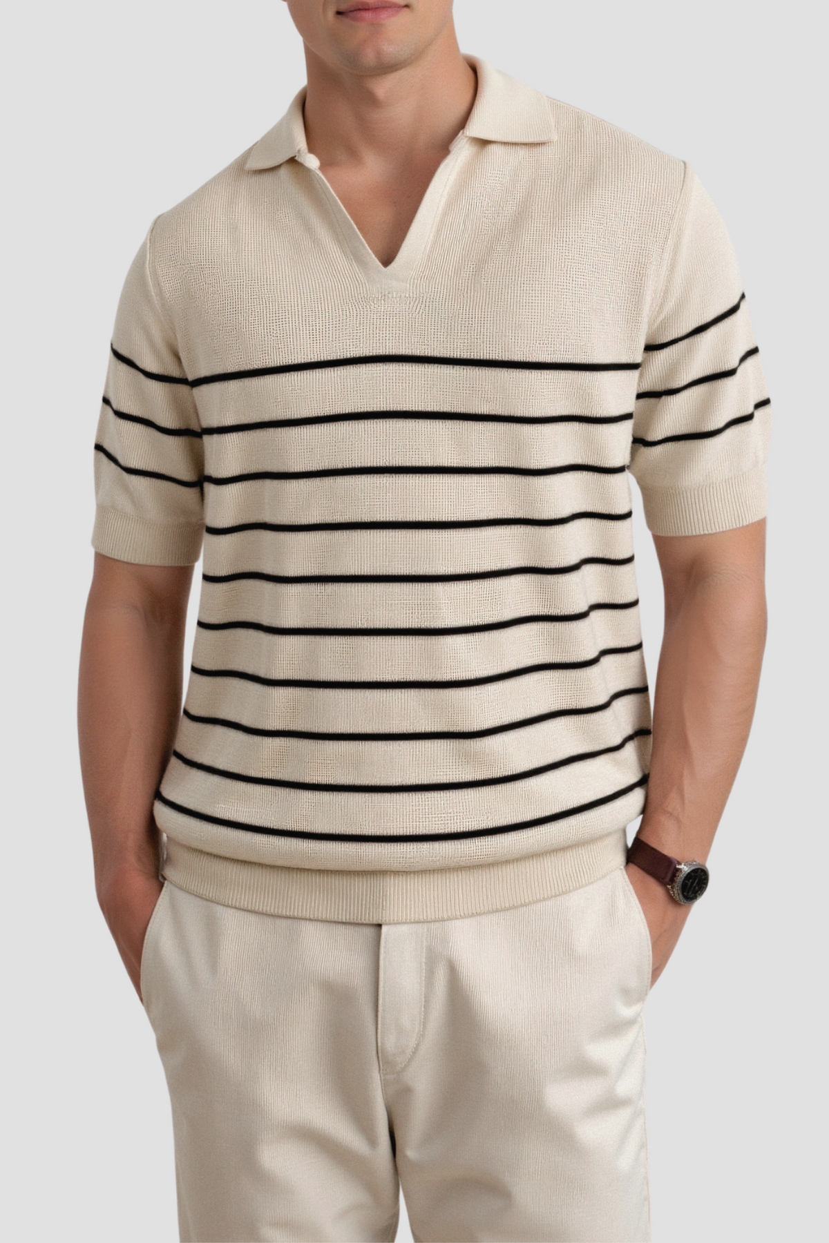 Men's Short Sleeve Striped Knit Polo Shirt