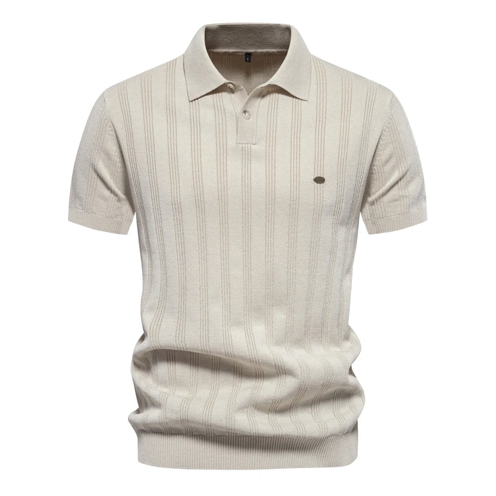 Men's Short Sleeve Knitted Polo Shirt with Vertical Texture