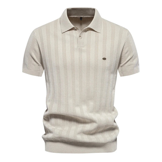 Men's Short Sleeve Knitted Polo Shirt with Vertical Texture