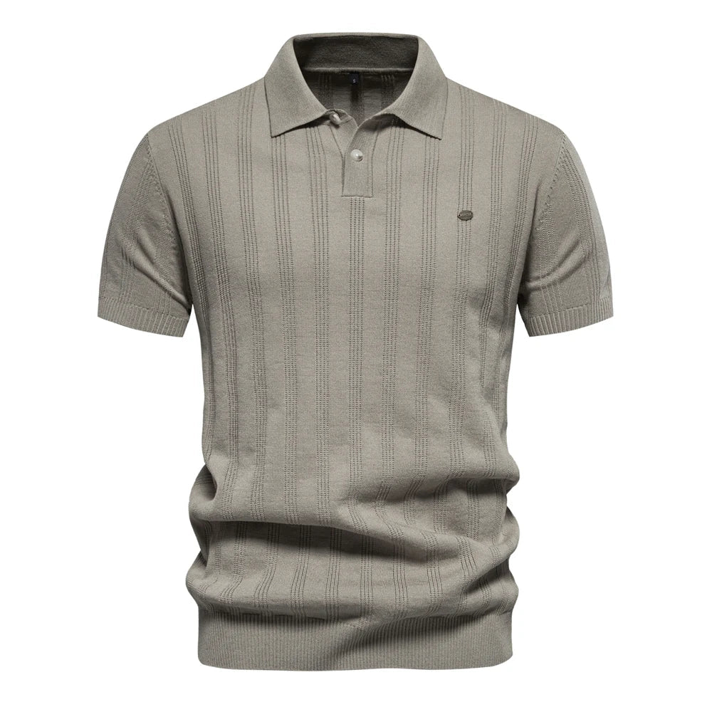 Men's Short Sleeve Knitted Polo Shirt with Vertical Texture