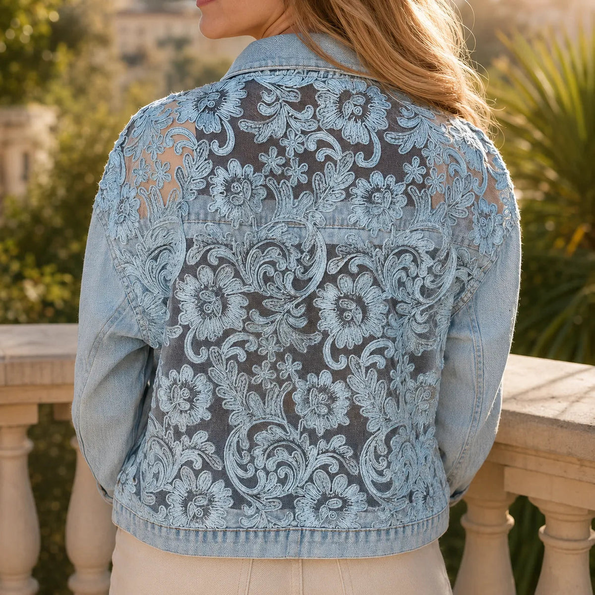 Women's Denim Jacket – Floral Lace, Sheer Embroidery, Relaxed Fit