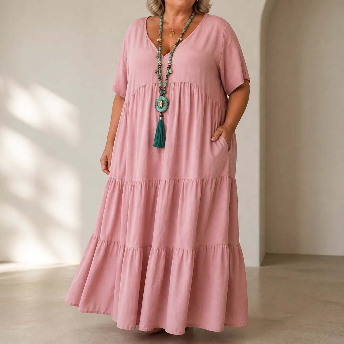 Women's Tiered Maxi Dress – V-Neck, Short Sleeves, Linen Blend