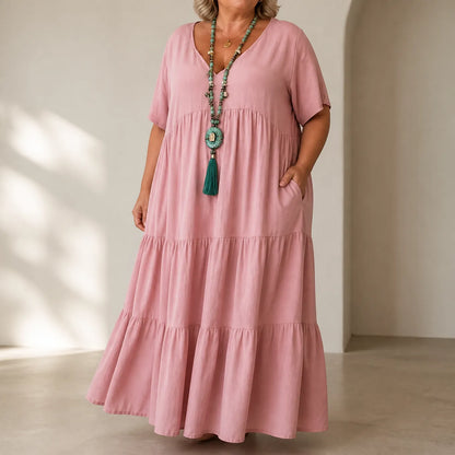 Women's Tiered Maxi Dress – V-Neck, Short Sleeves, Linen Blend