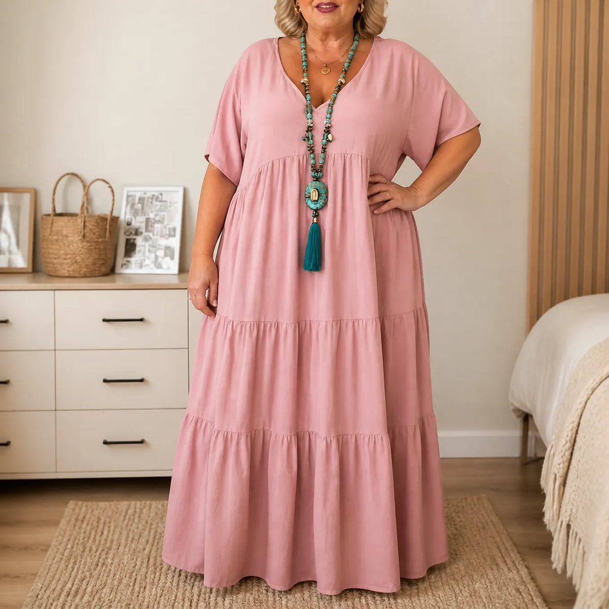 Women's Tiered Maxi Dress – V-Neck, Short Sleeves, Linen Blend