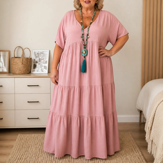 Women's Tiered Maxi Dress – V-Neck, Short Sleeves, Linen Blend