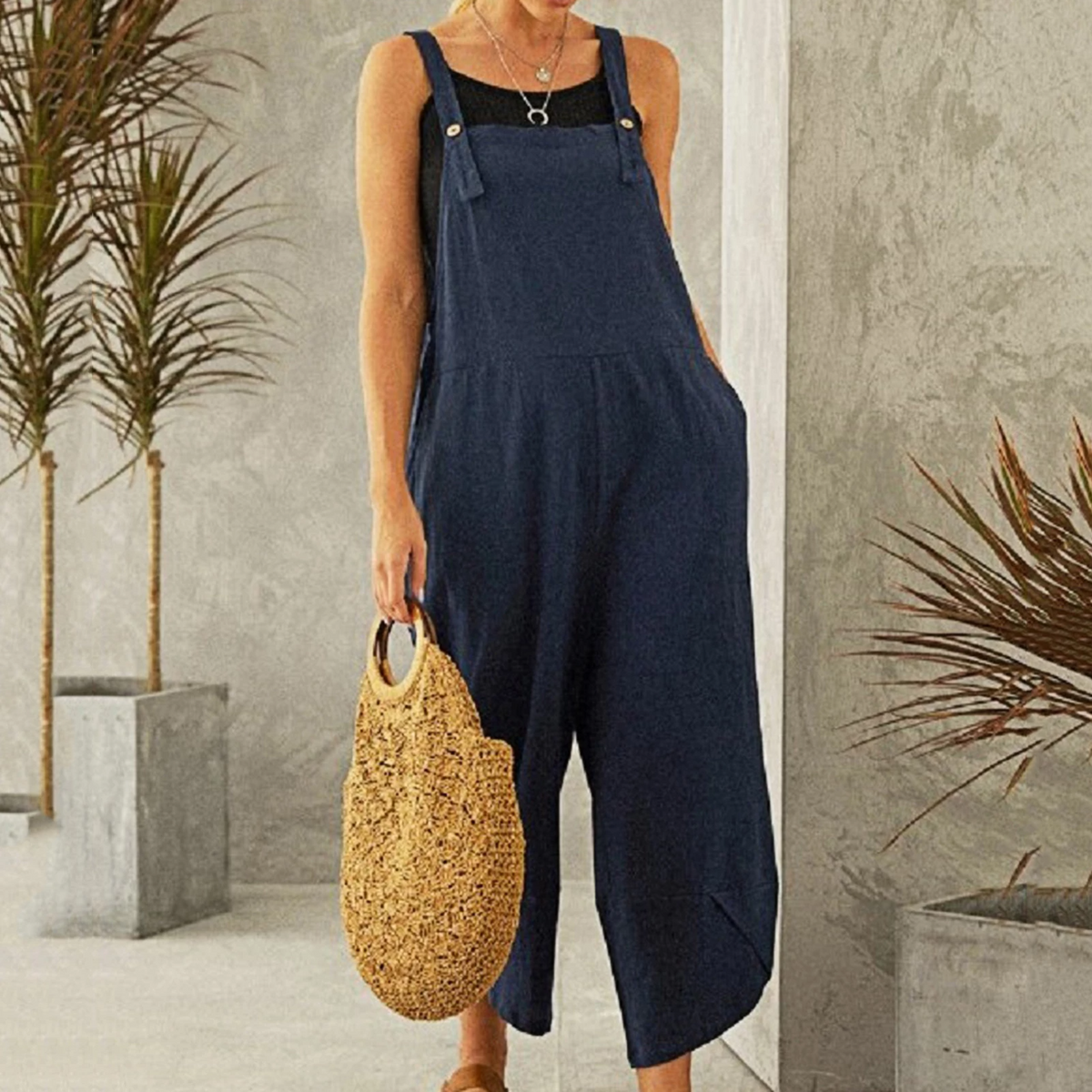 Women's Wide Leg Linen Jumpsuit with Button Straps