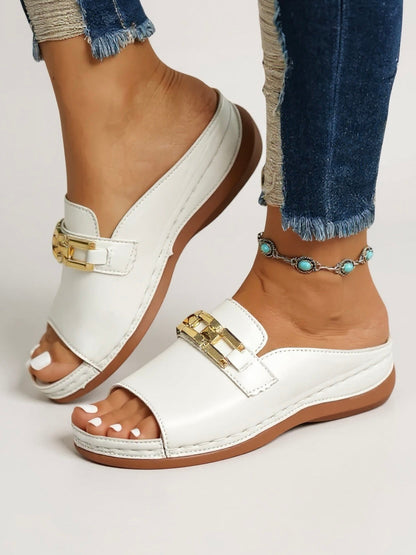 Women's Open Toe Slide Sandals with Gold Detail