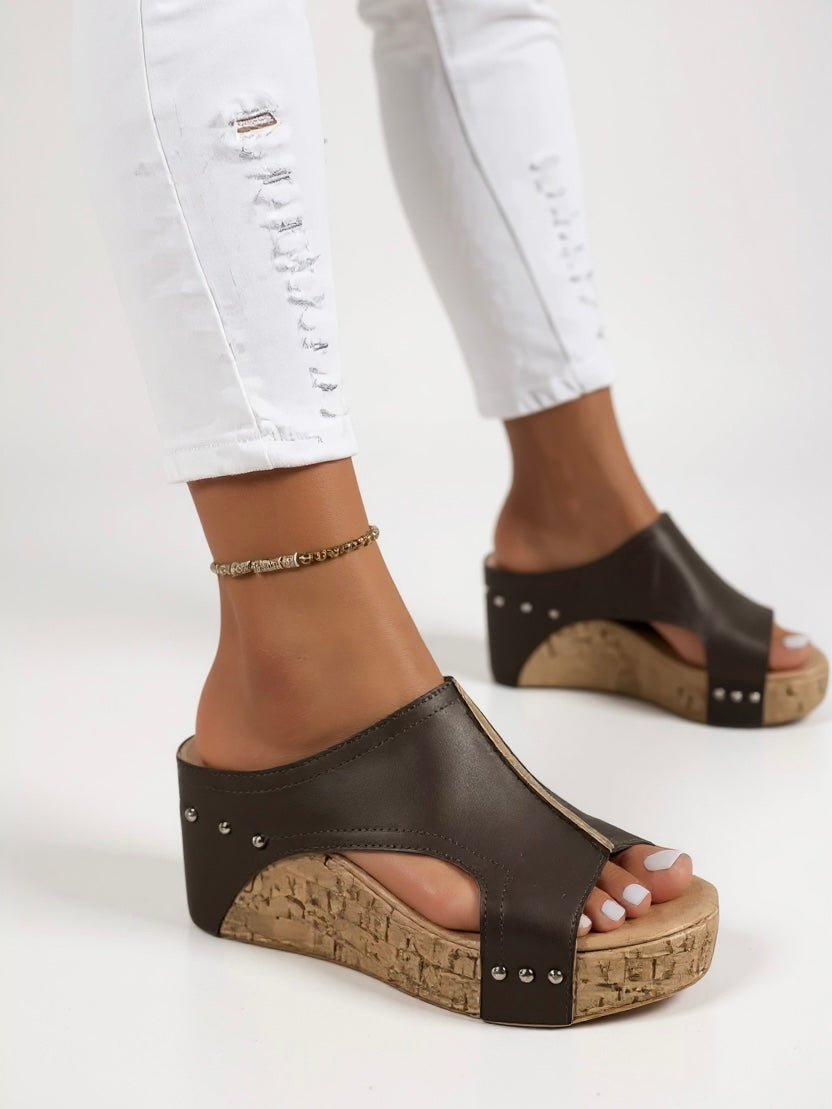 Women's Wedge Slide Sandals with Cork Sole and Studs