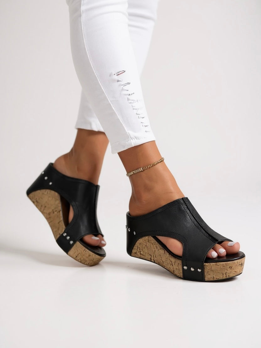 Women's Wedge Slide Sandals with Cork Sole and Studs