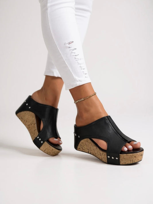 Women's Wedge Slide Sandals with Cork Sole and Studs