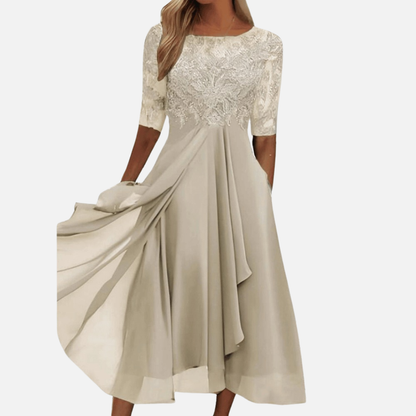 Women's Formal Lace Chiffon Midi Dress | Elegant Wedding Guest