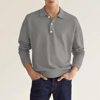 Men's Long Sleeve Knit Polo Shirt with Buttons
