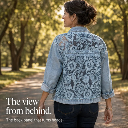 Women's Denim Jacket – Floral Lace, Sheer Embroidery, Relaxed Fit