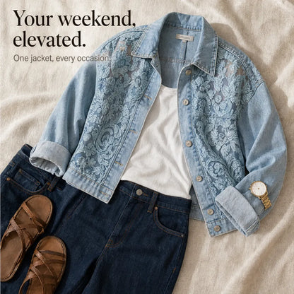 Women's Denim Jacket – Floral Lace, Sheer Embroidery, Relaxed Fit