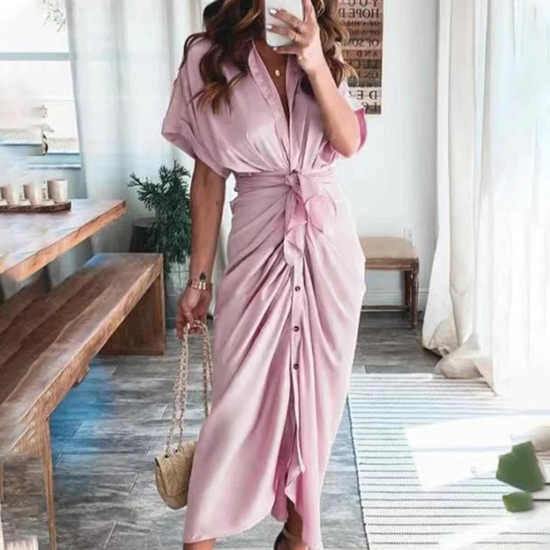 Women's Short Sleeve Midi Dress with Tie Waist