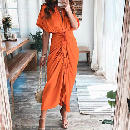 Women's Short Sleeve Midi Dress with Tie Waist