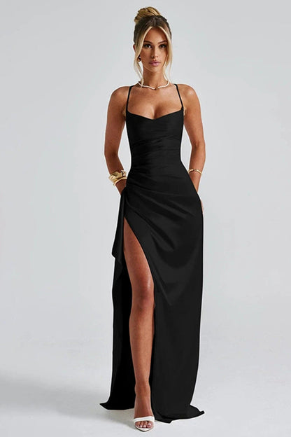 Women's Satin Maxi Dress with High Slit