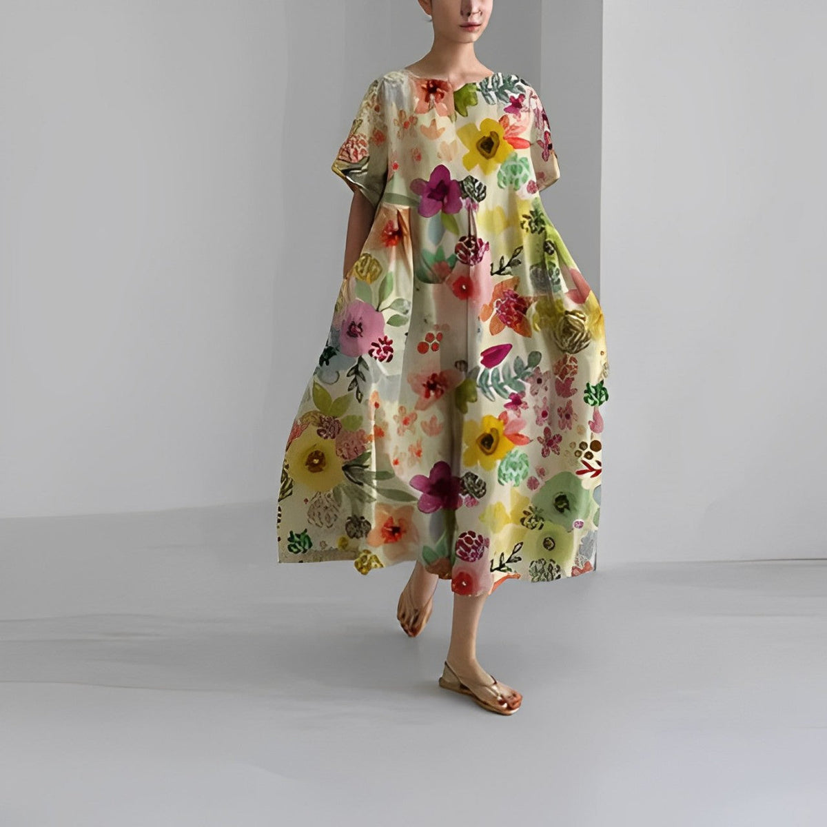 Women's Floral Short Sleeve Swing Maxi Dress