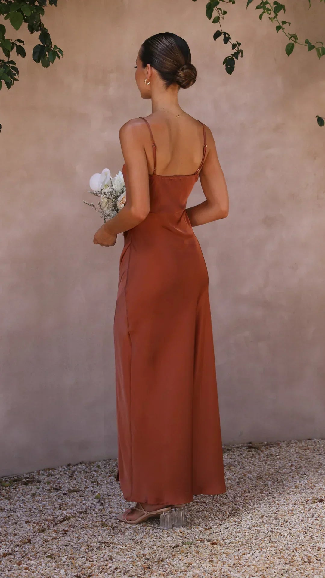 Women's Satin Maxi Dress with Spaghetti Straps and Side Slit