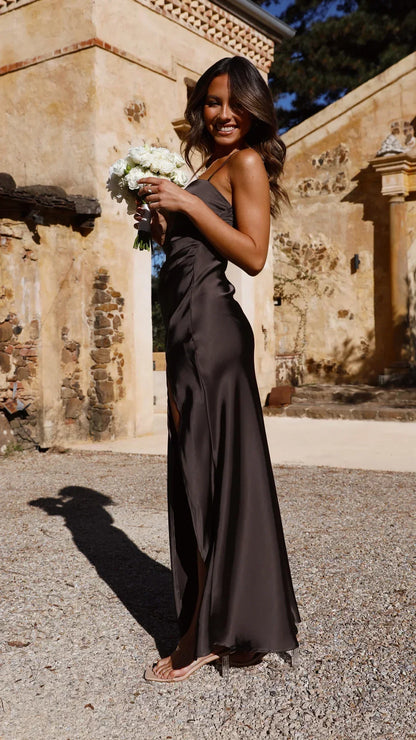 Women's Satin Maxi Dress with Spaghetti Straps and Side Slit