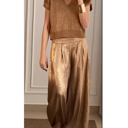 Women's Metallic Top and Wide-Leg Trousers Set