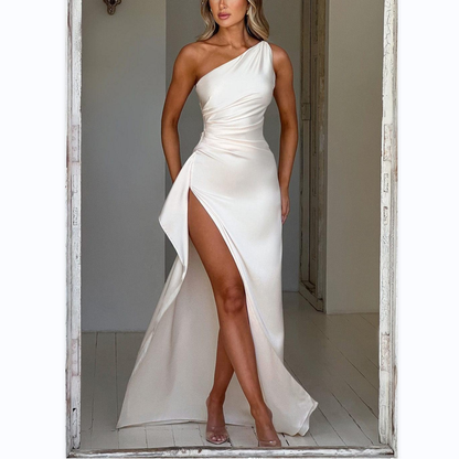 Women's Draped One Shoulder Satin Maxi Dress with High Slit