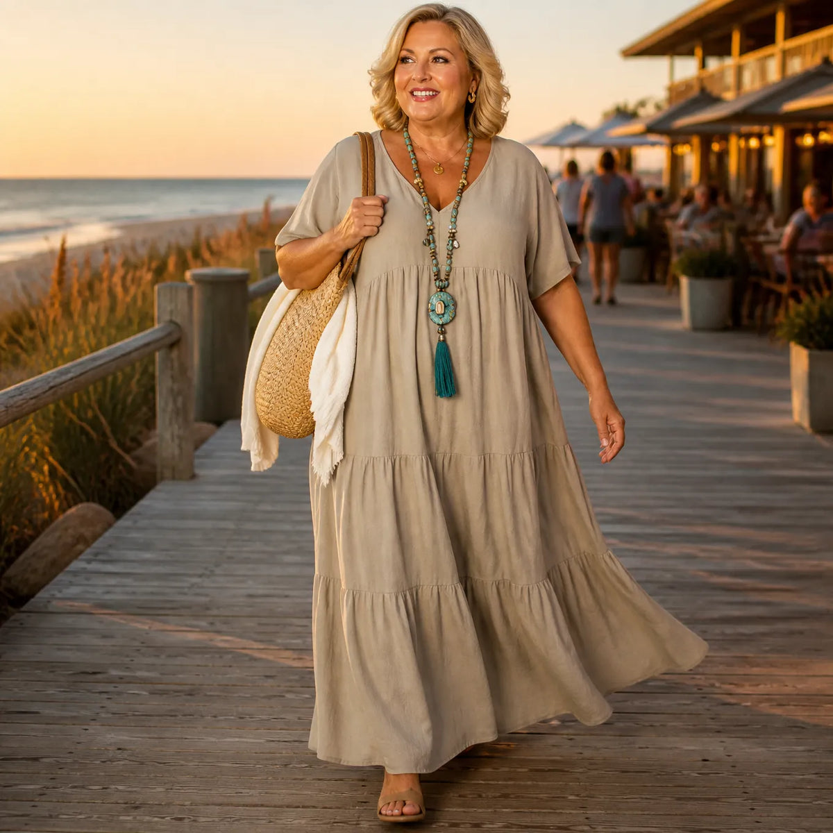 Women's Tiered Maxi Dress – V-Neck, Short Sleeves, Linen Blend