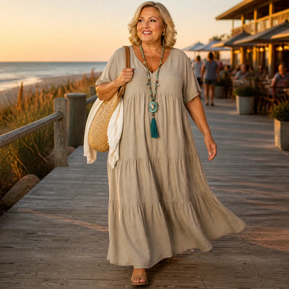 Women's Tiered Maxi Dress – V-Neck, Short Sleeves, Linen Blend
