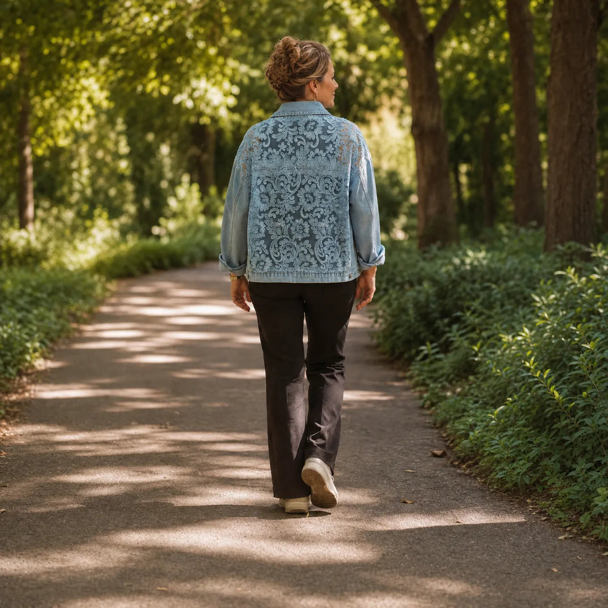 Women's Denim Jacket – Floral Lace, Sheer Embroidery, Relaxed Fit