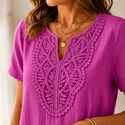 Women's A-Line Midi Dress – Lace Bib, Split Notch Neck, Pockets