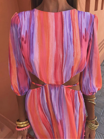 Women's Cut Out Waist Maxi Dress with Puff Sleeves
