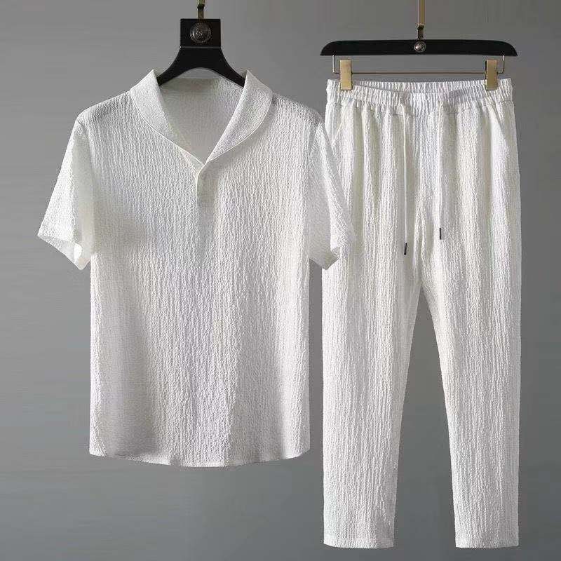 Men's Textured Short Sleeve Shirt and Trousers Set
