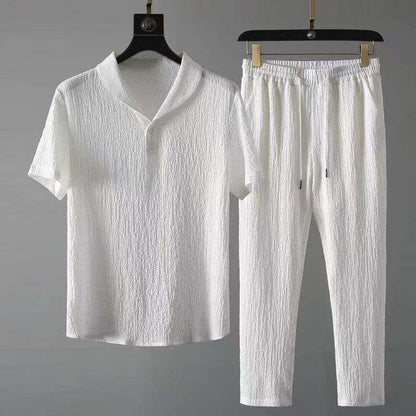 Men's Textured Short Sleeve Shirt and Trousers Set